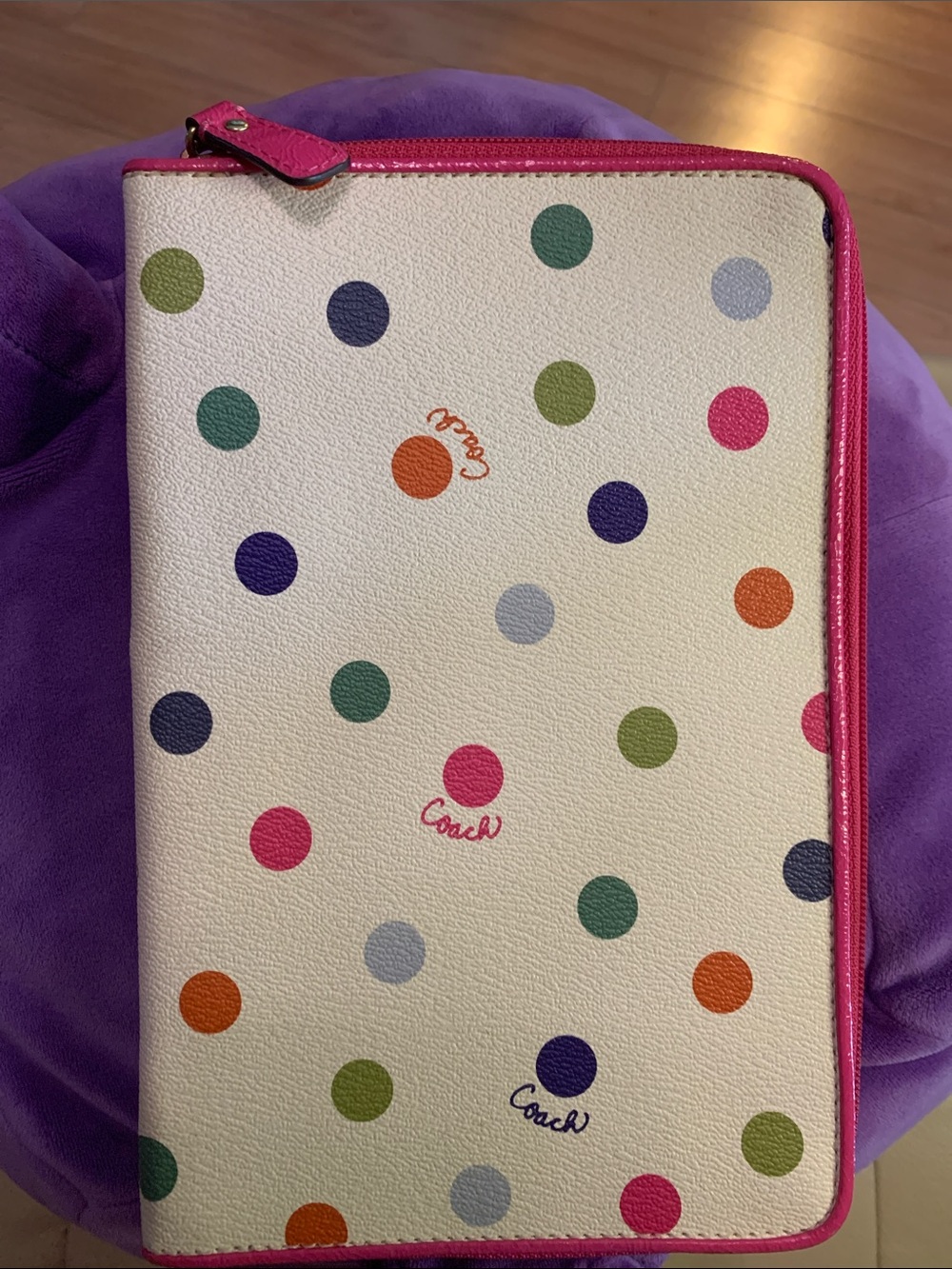 Coach Cream Polka Dot Zip-Around Tablet Case with Hot Pink Trim